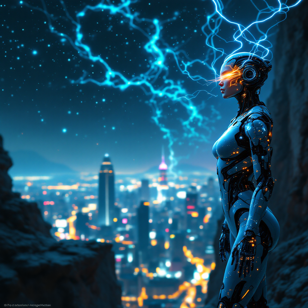 A futuristic robot stands against a vibrant city skyline, illuminated by electric blue lightning, embodying the quote, Fear doesn't shut you down; it wakes you up.