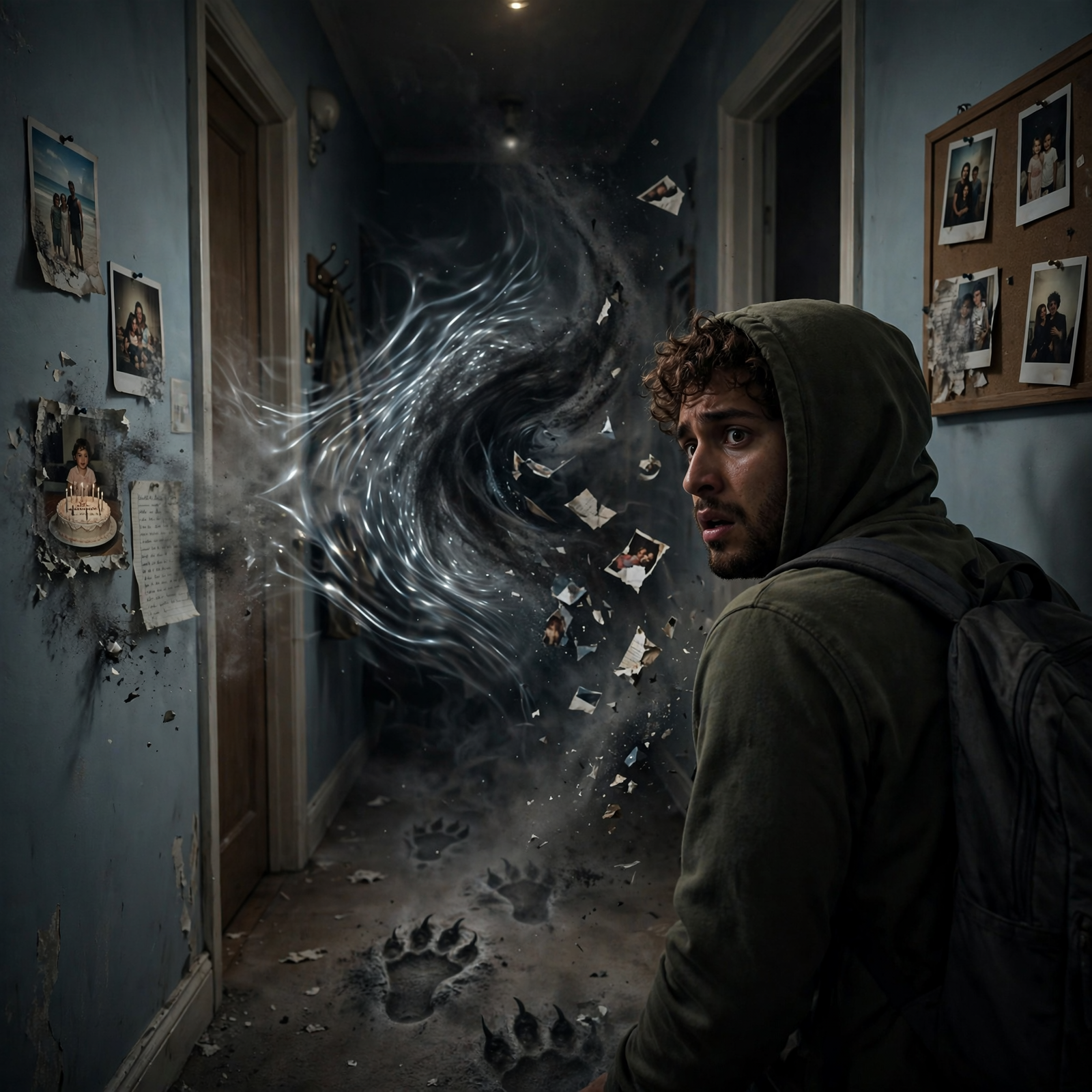 A shadowy, swirling monster made of smoke and memories looms in a dim hallway, following a young man who looks back in fear, surrounded by scattered, fading photographs.
