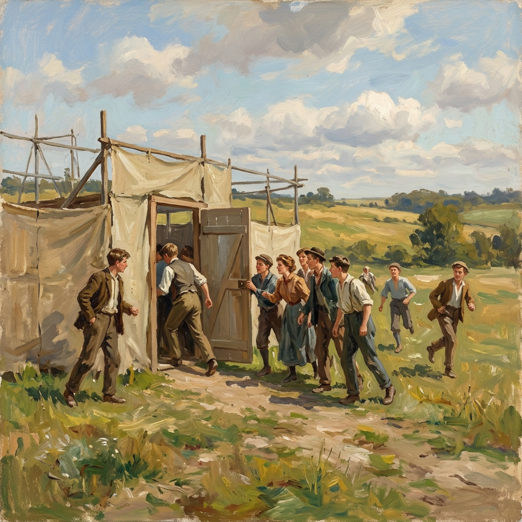 A group of young men walk out of a makeshift tent in a sunlit, open field under a cloudy sky, reflecting their choice to leave behind confinement for the living world outside.