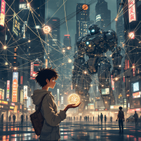 A figure stands in a neon-lit city, holding a glowing orb as a giant, robotic creature looms nearby, symbolizing the interconnectedness of society and the impact of small changes.