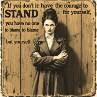 A fierce woman stands confidently with crossed arms against a wooden background, accompanied by the quote about courage and personal responsibility.