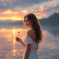 A young woman in a flowing white dress stands by the water at sunset, holding a rose. The tranquil scene reflects themes of trust and vulnerability in relationships.