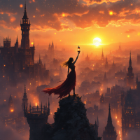 A figure in a flowing red dress stands atop a rocky outcrop, holding a lantern high against a vibrant sunset over a city, embodying resilience and the lessons learned through struggle.