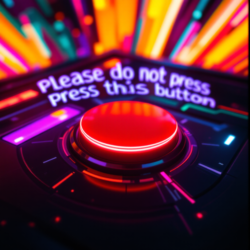 A close-up of a large red button on a futuristic panel, illuminated with colorful light and displaying the message, Please do not press this button again.