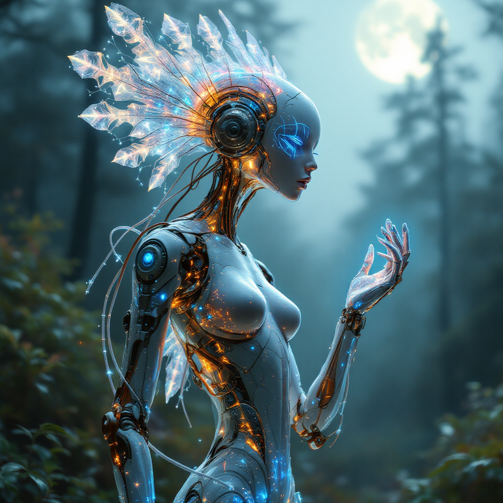 A futuristic female android with glowing circuitry and crystal-like features stands in a misty forest, reflecting on the theme of storytelling under the light of a full moon.