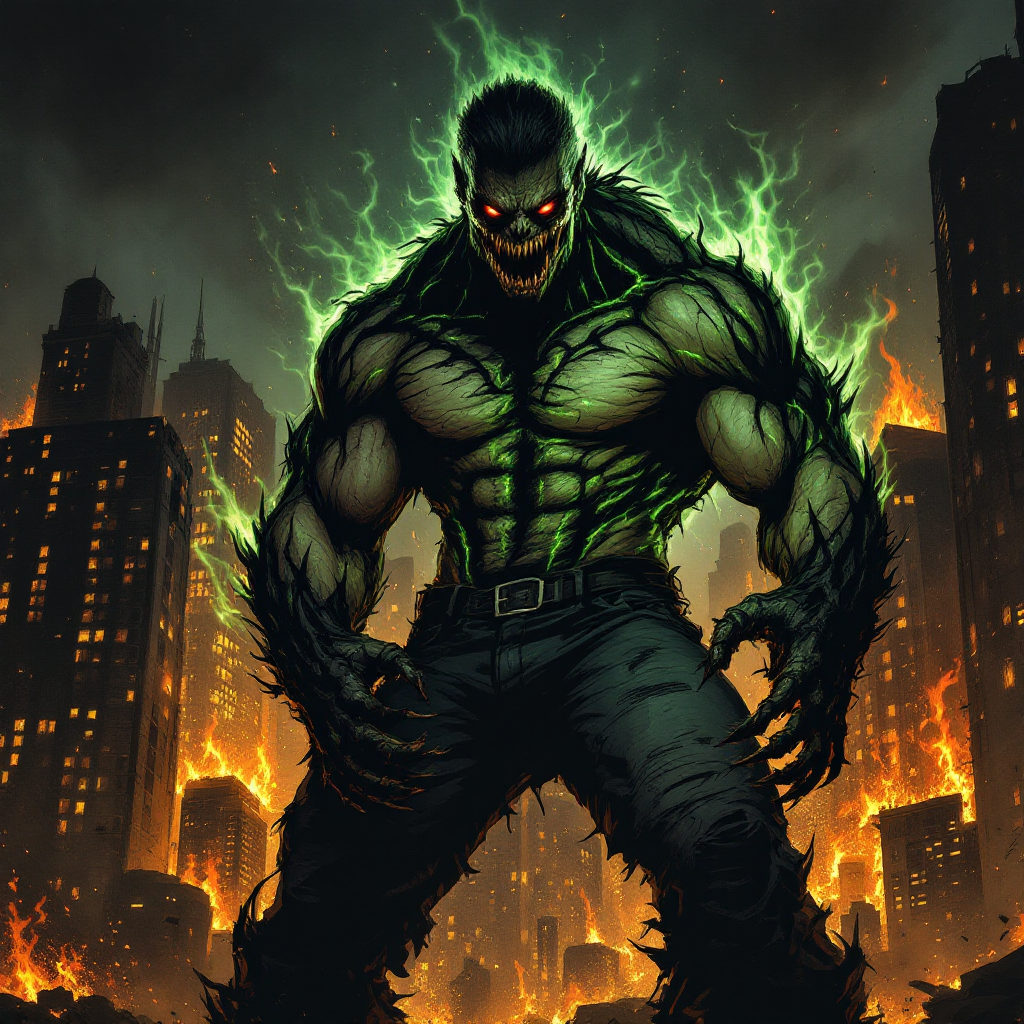 A muscular, monstrous figure emerges against a backdrop of flames and a city skyline, embodying the struggle of heroes facing and becoming their own inner demons.