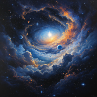 A swirling cosmic scene filled with vibrant blues and oranges, showcasing distant planets and stars, embodying the vast and indifferent nature of the universe.