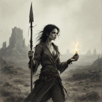 A determined woman stands in a desolate landscape, holding a glowing flame in one hand and a spear in the other, embodying the spirit of perseverance against the odds for a brighter future.