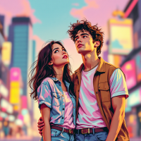 A young couple stands close together, gazing up at a colorful cityscape, embodying the sentiment of shared humanity and connection amidst a vibrant urban backdrop.