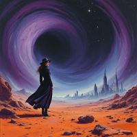 A figure in a long coat stands in a stark desert landscape, gazing at a swirling cosmic vortex above, symbolizing the struggle for sanity in an insane world.