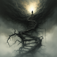 A shadowy figure stands at the top of a twisted, tree-root ladder leading into a luminous opening, embodying the idea that chaos is a path to ascension.