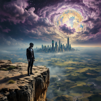 A figure stands on a cliff overlooking a vast landscape, with a colorful, swirling sky above and a distant, complex city skyline, reflecting the intricacies of the world beyond simple narratives.