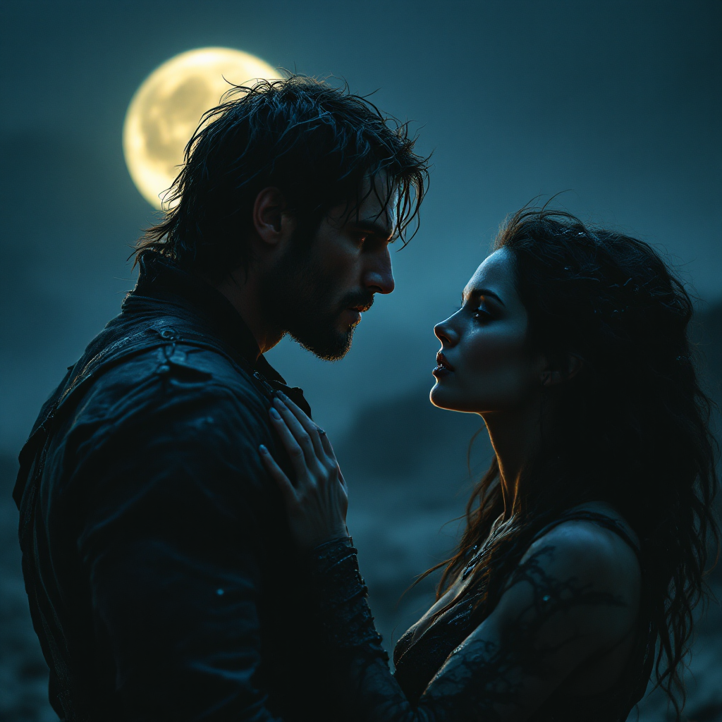 A man and woman stand close, gazing intensely at each other under a glowing full moon, embodying a moment of connection that echoes the quote about survival through communication.