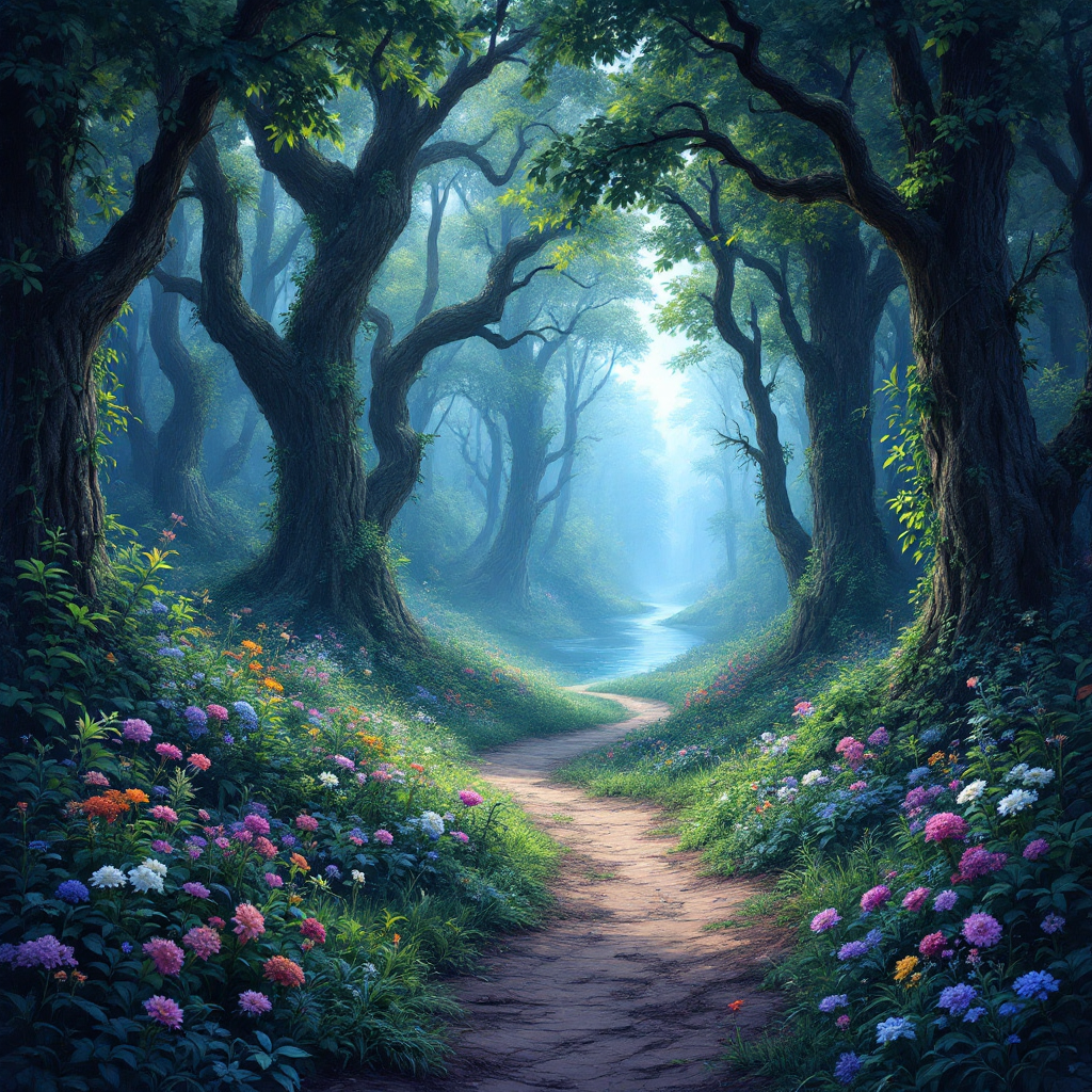 A serene forest path winds through lush greenery and vibrant flowers, illuminated by soft light, embodying the idea of being enveloped in our own narratives.