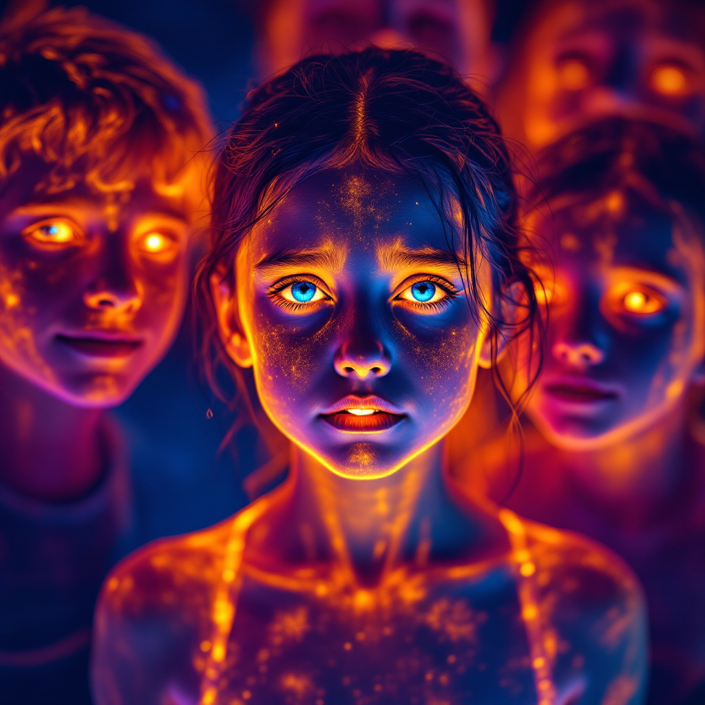 A group of children with glowing, vibrant eyes surround a central girl, emphasizing their shared emotions and reflections of their world in a striking, imaginative setting.