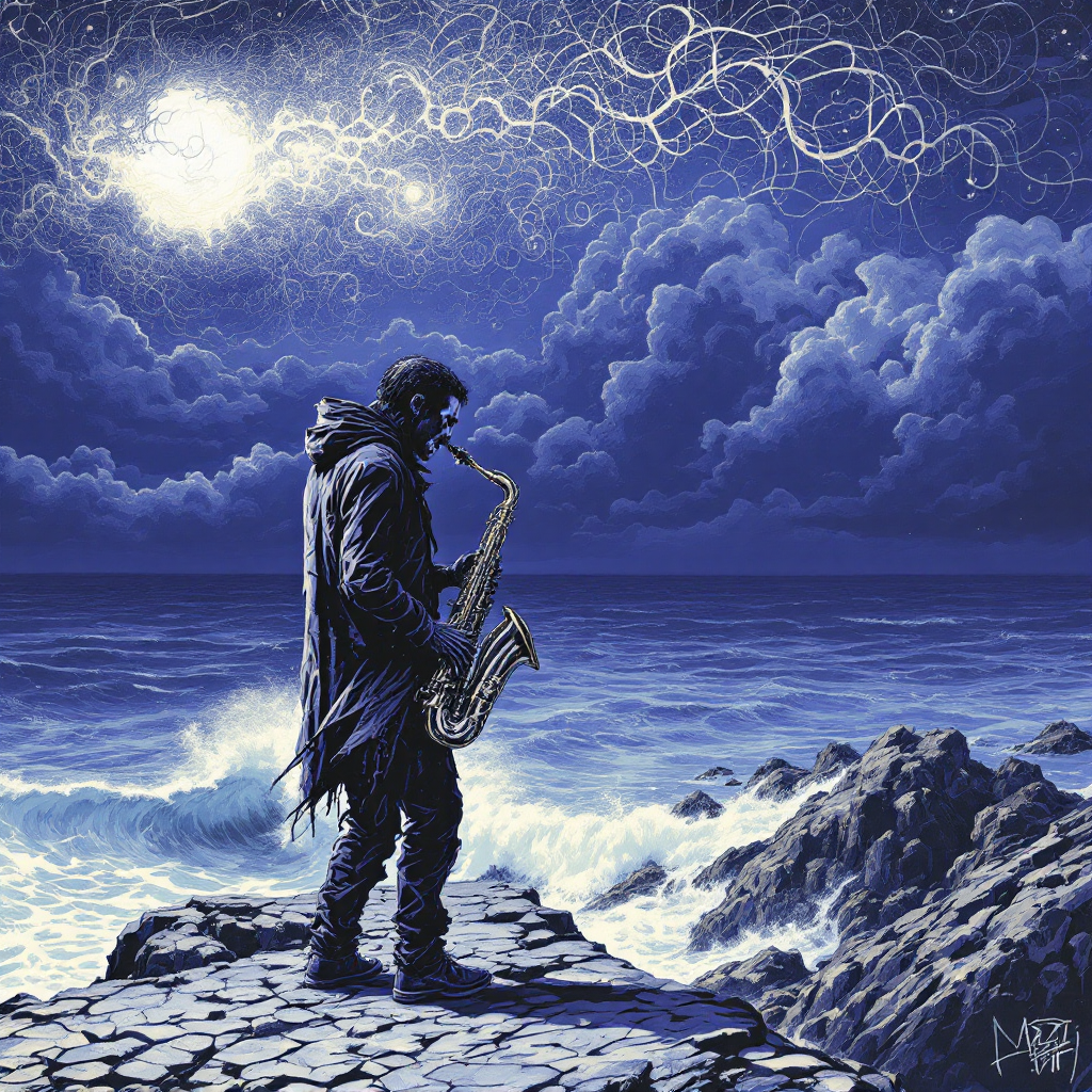 A lone figure plays a saxophone on a rocky shore under a stormy sky, embodying the quote Hope is a dangerous thing, but without it, what is left? with a sense of solitude and reflection.