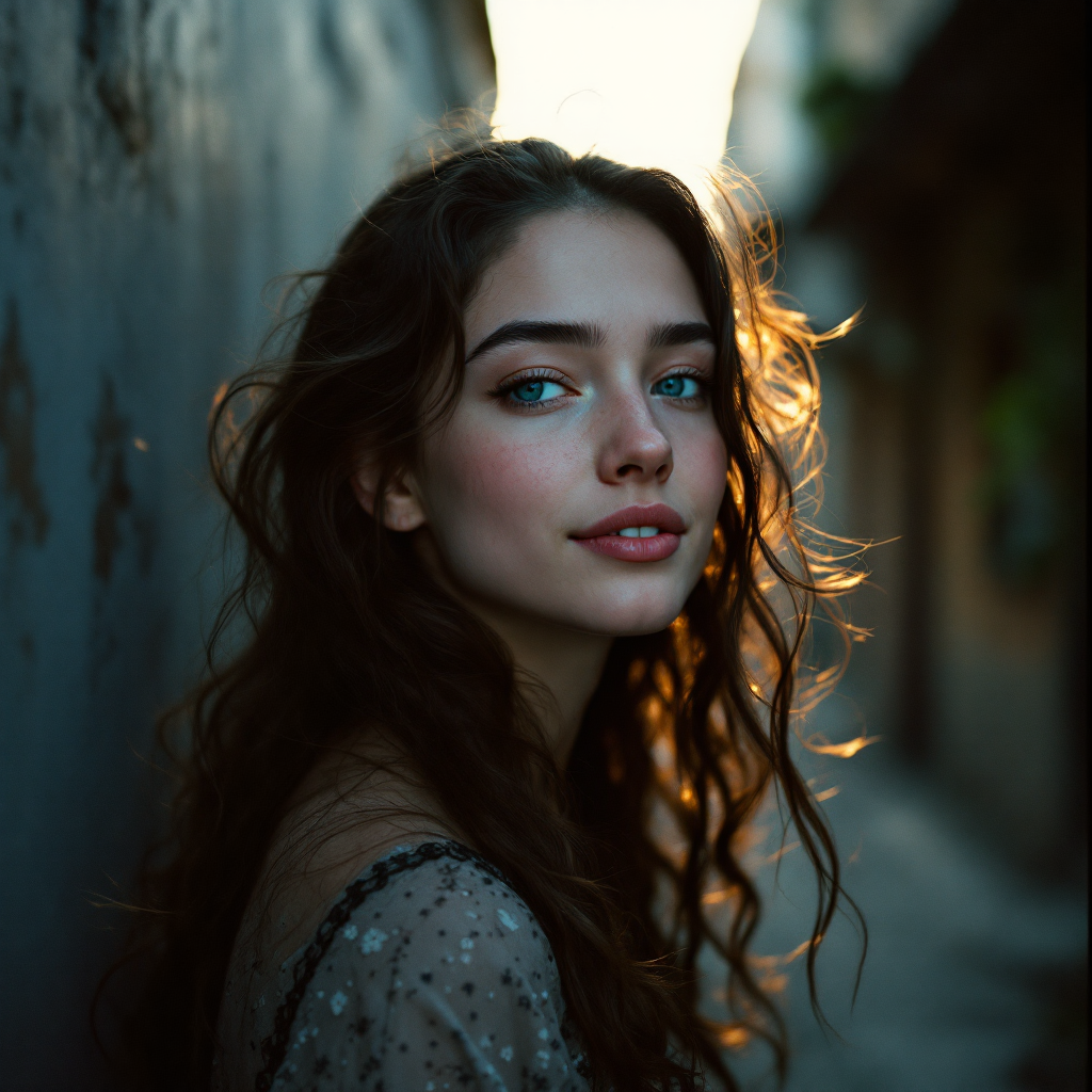 A young woman with long, flowing hair gazes softly at the camera, illuminated by warm sunlight in a narrow alley, embodying the essence of hope prevailing over fear.