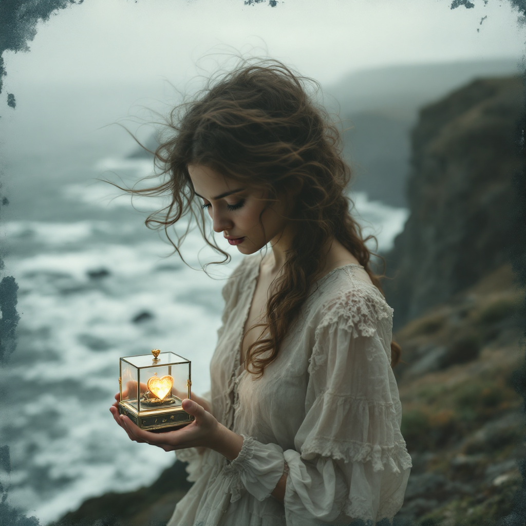 A young woman in a flowing white dress stands by a cliffside, holding a glass box with a glowing heart inside, gazing thoughtfully at the turbulent ocean below.