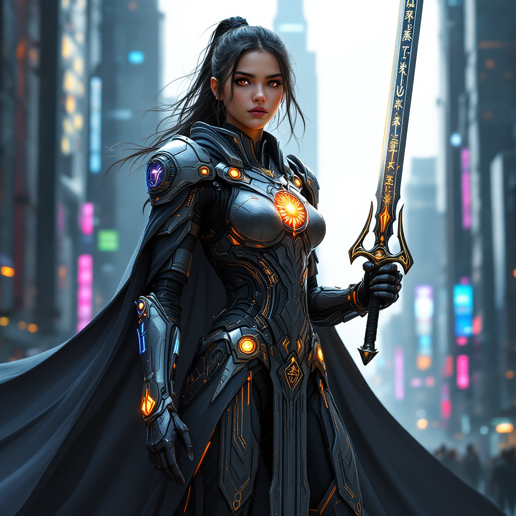 A confident warrior stands in a futuristic cityscape, wielding a glowing sword. Her armor combines strength and elegance, embodying the essence of wise power.