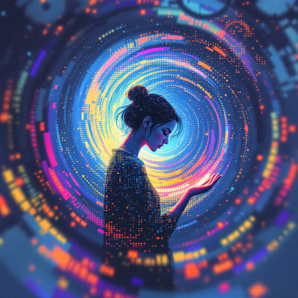 A woman stands in profile, her hand outstretched as vibrant, swirling colors and digital patterns create a hypnotic vortex, capturing the emotional depth of time travel's journey.