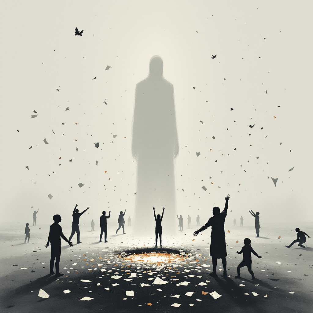 A towering, shadowy figure named Grey looms over small people who offer scattered memories, symbolizing their futile attempts to engage or stop its unstoppable force.