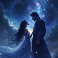 A couple stands close, gazing into each other's eyes against a star-filled sky, embodying a deep connection and devotion that echoes the quote about being each other's forever.