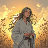 A contemplative woman in a flowing robe stands amidst blooming flowers, with a warm sunset illuminating her thoughtful expression, embodying life's journey and experiences.