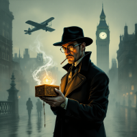 A detective in a fedora examines a glowing, magical box in a foggy, vintage London street, with Big Ben and an airplane in the background, embodying a knack for solving mysteries.