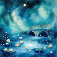 A serene night scene featuring a bridge over a tranquil waterway adorned with blooming lotus flowers, evoking themes of intertwined love and power against a backdrop of swirling blues.