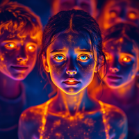 A group of children with glowing, vibrant eyes surround a central girl, emphasizing their shared emotions and reflections of their world in a striking, imaginative setting.