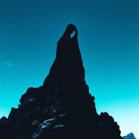 A dark, hooded figure stands atop a jagged mountain peak, silhouetted against a gradient sky. The image evokes themes of human adaptation and the lessons we often overlook.