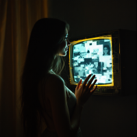 A silhouette of a woman gazes contemplatively at a vintage television screen displaying a mosaic of photographs, symbolizing the connection between past memories and personal identity.