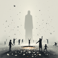 A towering, shadowy figure named Grey looms over small people who offer scattered memories, symbolizing their futile attempts to engage or stop its unstoppable force.