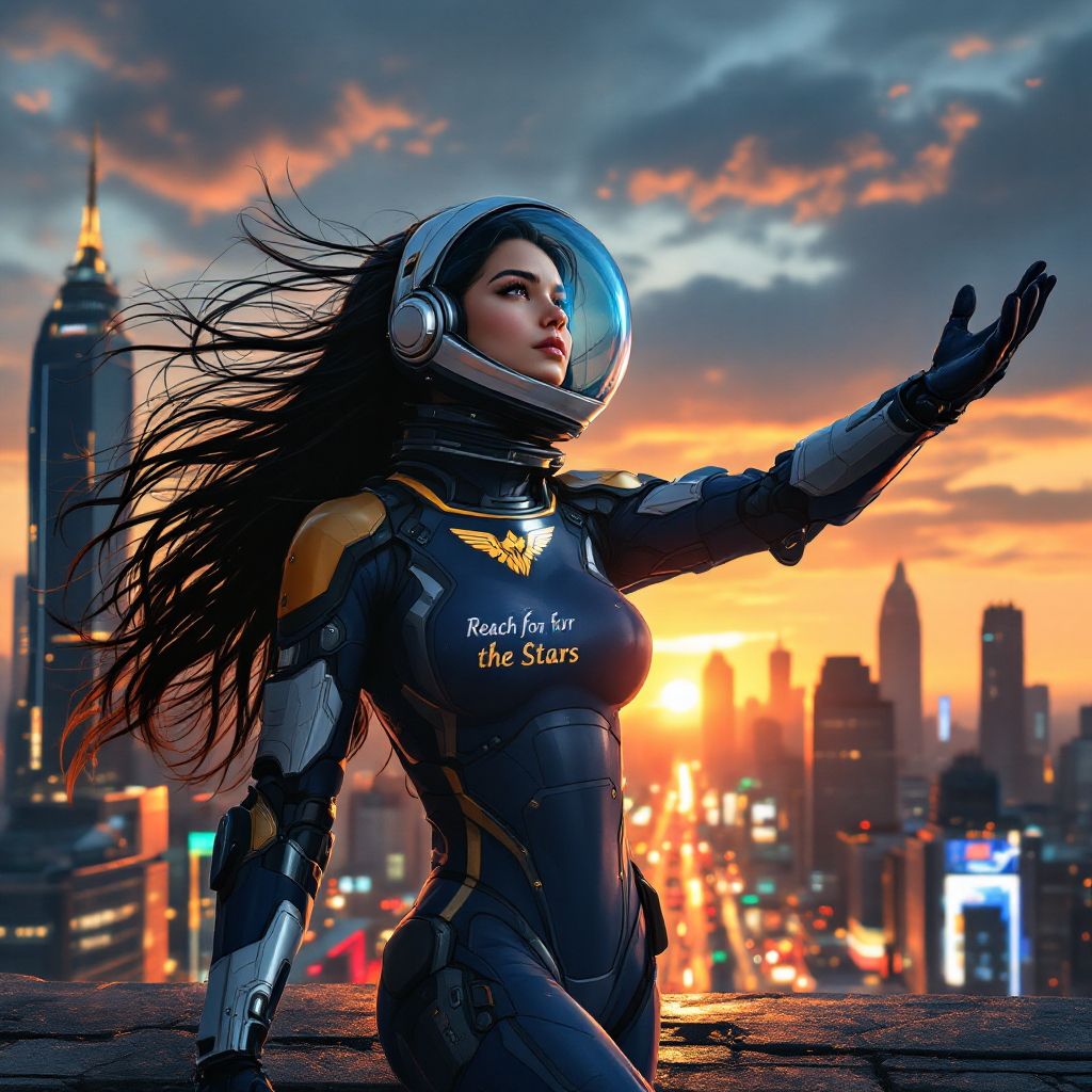 A space explorer in a sleek suit stands atop a city skyline, reaching out towards a vibrant sunset, embodying the quote, The future belongs to those who dare to reach for it.