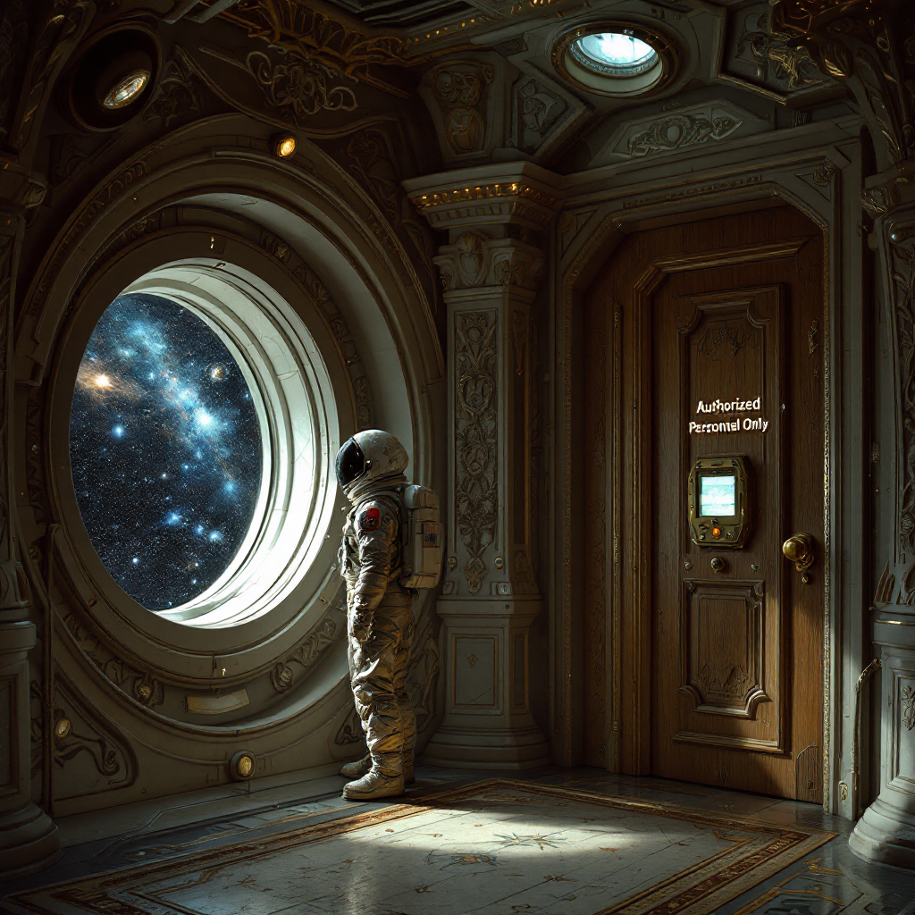 An astronaut stands near a large porthole, gazing out at a starry cosmos. A wooden door with a futuristic panel contrasts the ornate interior of the spaceship.