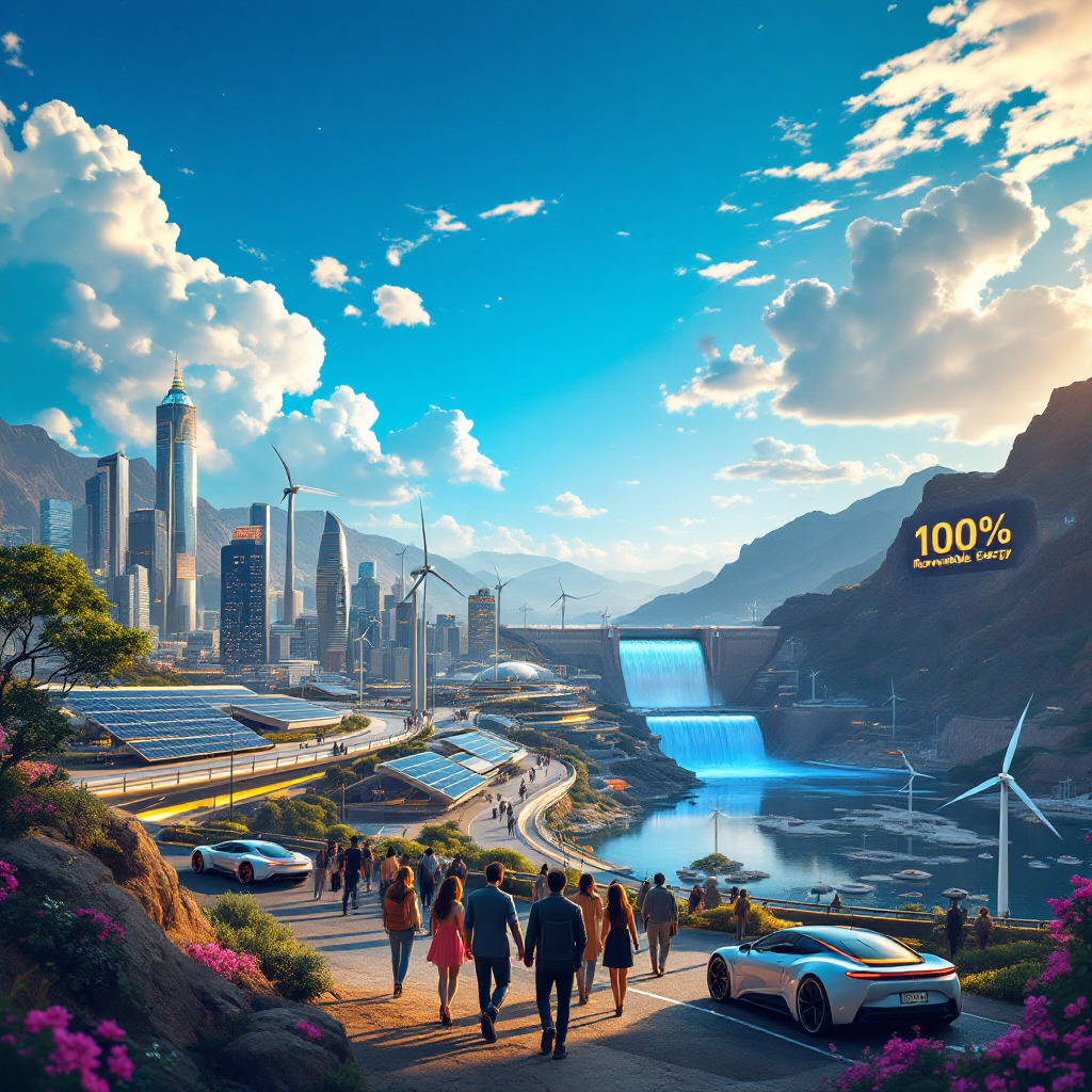 A vibrant, futuristic landscape shows a renewable energy-powered city with solar panels, wind turbines, and a hydroelectric dam, emphasizing a sustainable future.