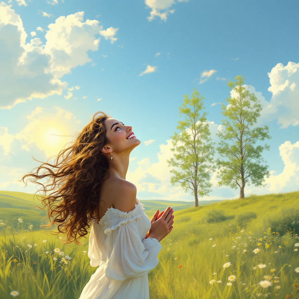 A joyful woman in a flowing white dress stands in a sunlit meadow, her hair blowing gently in the wind, embodying the essence of laughter and the beauty of life.