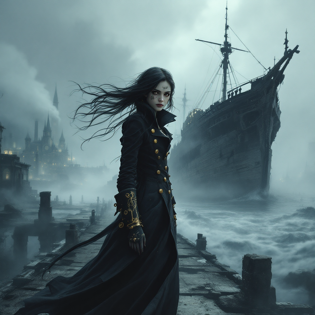 A mysterious figure in a dark coat stands on a foggy pier, facing an ominous, weathered ship. Ghostly castles loom in the background, evoking a sense of inner fear and contemplation.