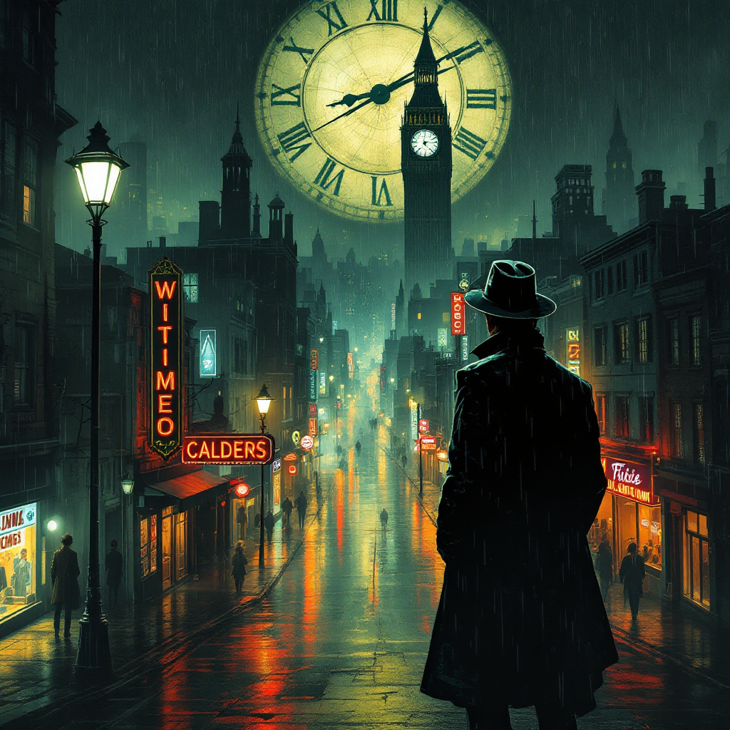 A figure in a trench coat stands in a rain-soaked street, illuminated by neon signs, as a giant clock looms overhead, embodying the cyclical nature of time and memory.