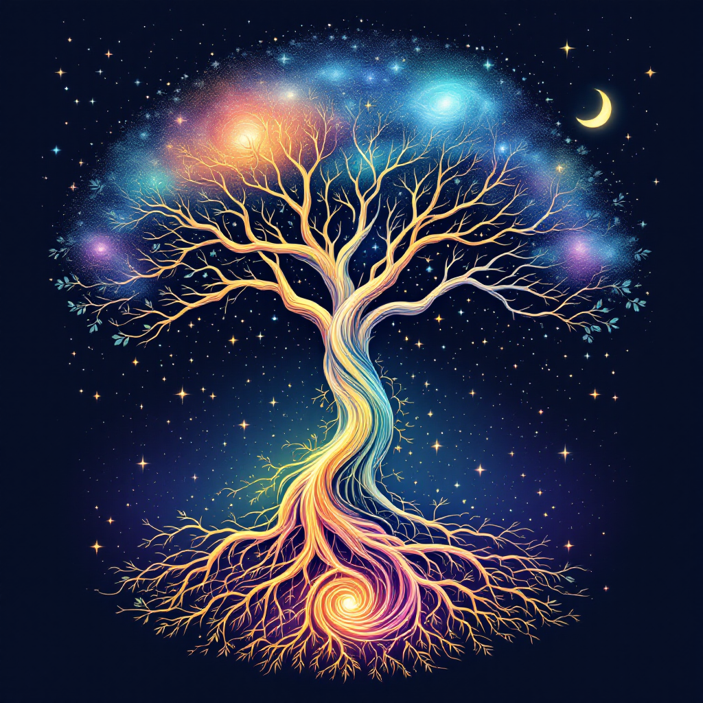 A vibrant, cosmic tree with glowing branches and roots spirals in a starry night, symbolizing the quote, Every ending is just a new beginning in disguise.