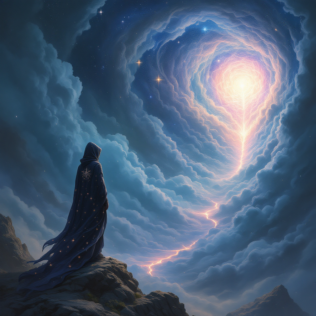 A cloaked figure stands on a rocky outcrop, gazing upward at swirling clouds and a luminous spiral of light, embodying the sentiment of facing what lies ahead.