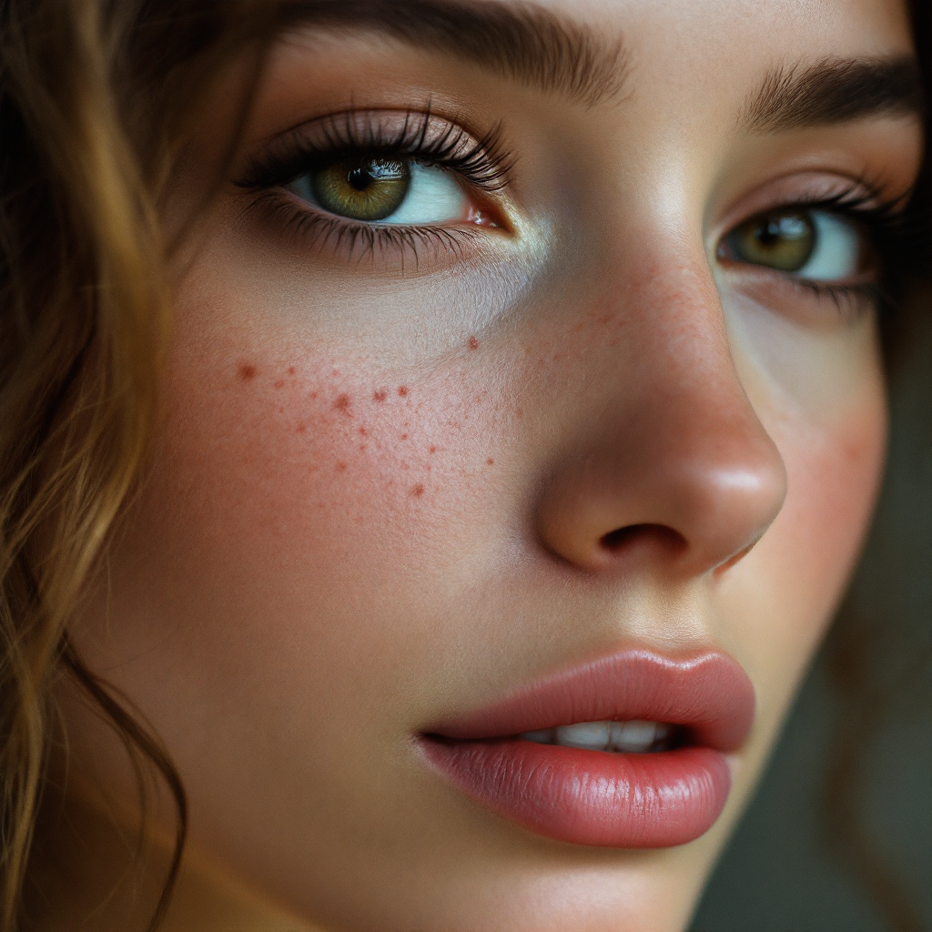 A close-up portrait of a young woman with curly hair, striking green eyes, and gentle freckles, embodying the idea that love weaves intricate and unexpected tapestries.