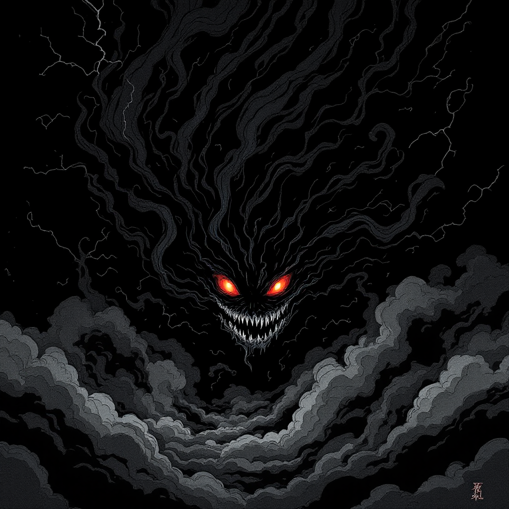 A dark, swirling mass with glowing red eyes and a sinister grin emerges from ominous clouds, embodying the mind's capacity to conjure horrific monsters from its depths.