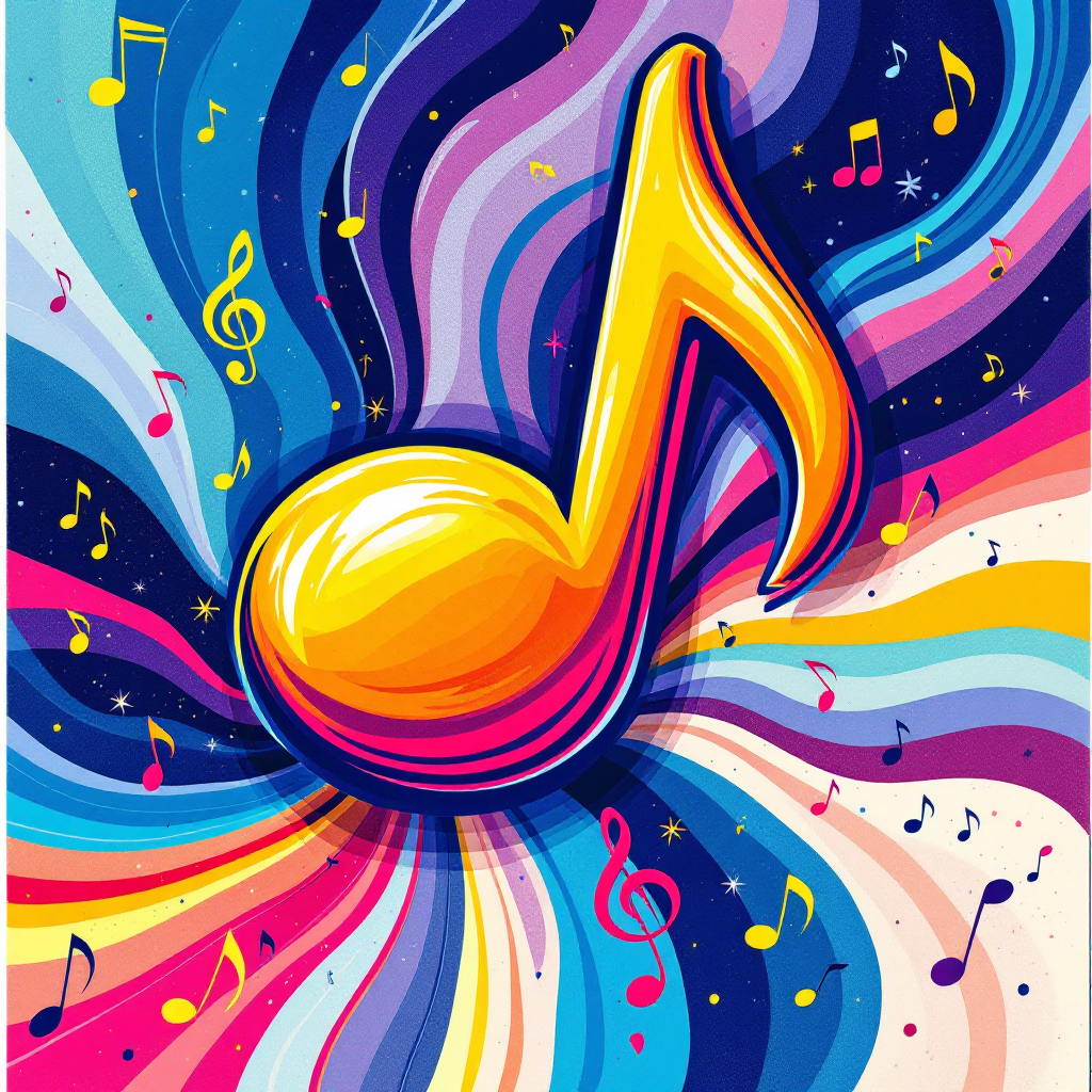 A vibrant image featuring a large, golden musical note at the center, surrounded by swirling colorful patterns and floating music notes, reflecting the unity that music brings.