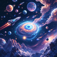 A colorful, imaginative scene of space features a rocket traversing a vibrant galaxy, surrounded by planets, swirling clouds, and a radiant black hole, reflecting the limitless nature of imagination.