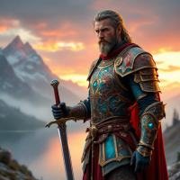 A regal warrior in ornate armor stands confidently with a sword at sunset, embodying the wisdom of knowing oneself and one’s enemy in battle. Mountains rise majestically in the background.