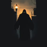 A shadowy figure with glowing eyes looms in a dark alley under a streetlamp, embodying the quote about monsters hidden in the dark, suggesting deeper fears beyond the visible.