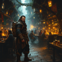 A rugged figure stands in a bustling tavern filled with warmth and light, embodying the idea of finding home in the company of others amidst lively patrons.