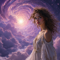 A young woman gazes thoughtfully into a swirling cosmic vortex of clouds and light, embodying the idea of exploring the unknown and embracing infinite possibilities.