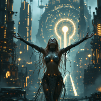 A glowing figure stands with arms outstretched in a futuristic city, embodying the idea that happiness comes from within, not from material wealth.